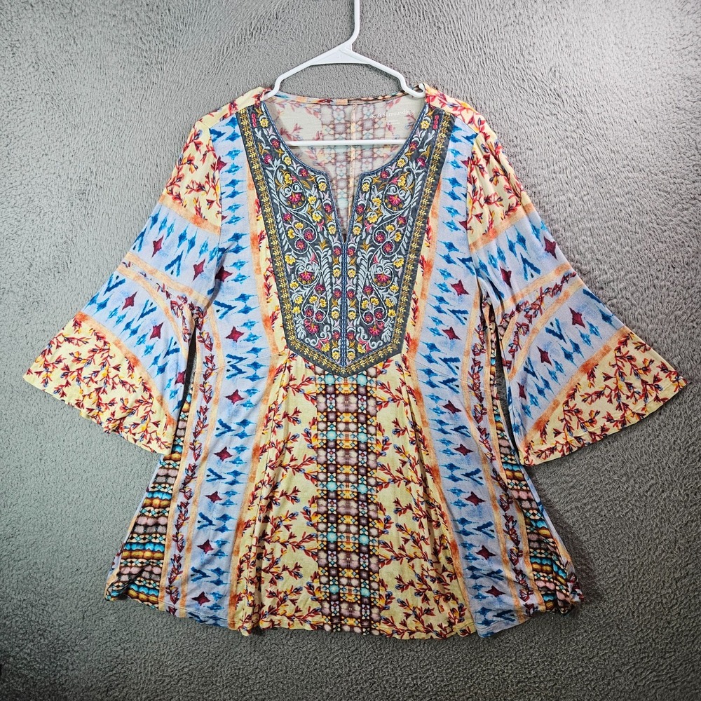 Soft Surroundings Tunic Top Blouse Women Medium Embroidered Stretch Multicolor